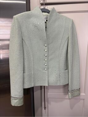 St. John Mint Green Textured Button-Front Blazer
